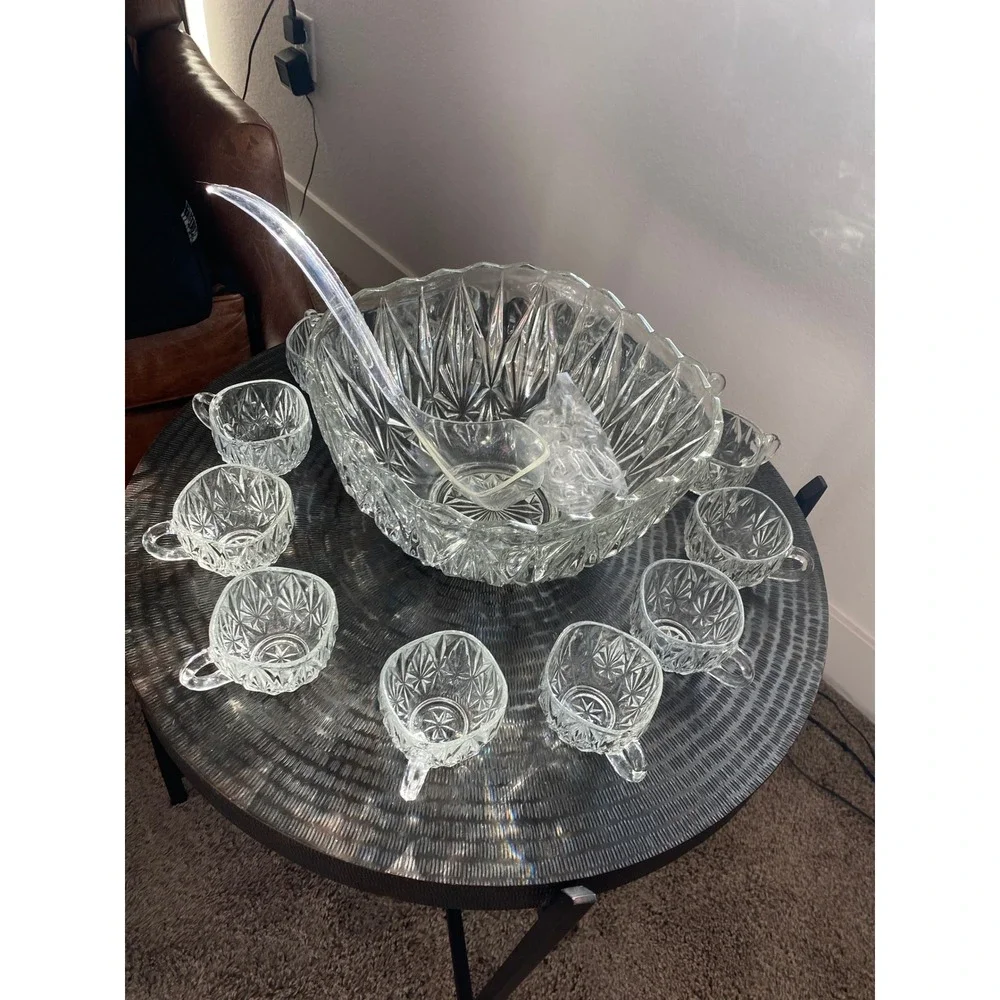 Williamsport  Vintage 12 Pc Prescut Crystal Punch Bowl Set w 10 Cups + Ladle